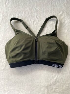 Victoria Sport Knockout Front-Zip High Impact Sports Bra Olive Green 34DD